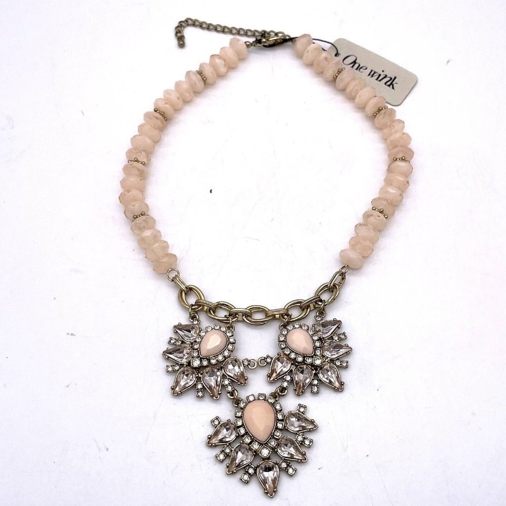 One Wink Dangle Drop Crystal Necklace Gold Tone Beaded Lobster Closure